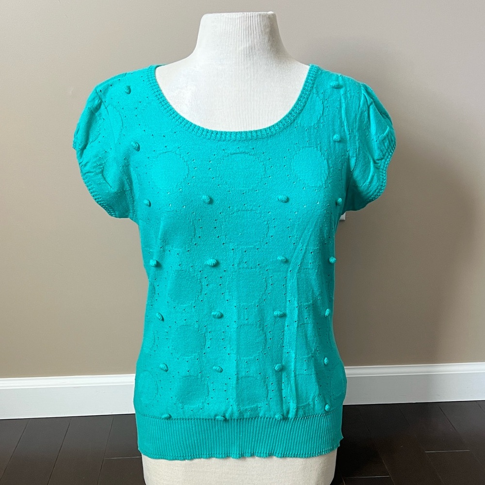 Milly of NY Aqua Short, bubble Sleeve Knit Top w/circular design Sz L NWOT